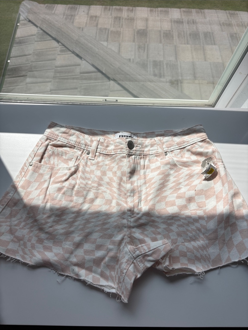 RSQ Pink and White Checkerboard Denim Shorts